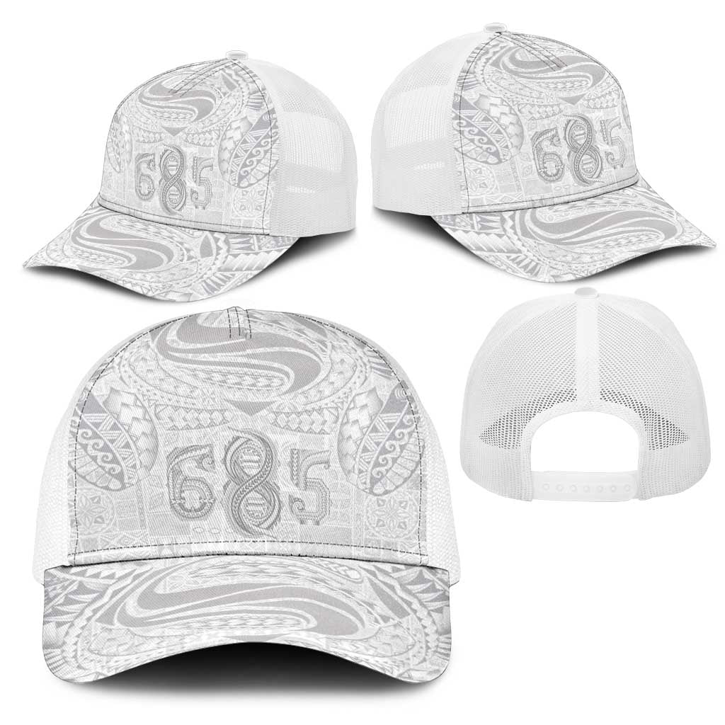 Super Samoa 685 Tribal Tattoo Mesh Trucker Cap Siapo Pattern All-White Edition LT03 - Polynesian Pride