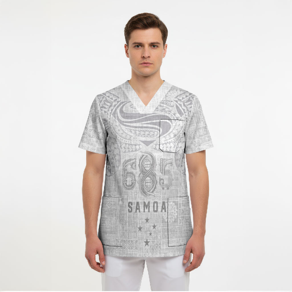 Super Samoa 685 Tribal Tattoo Scrub Top Siapo Pattern All-White Edition LT03 - Polynesian Pride