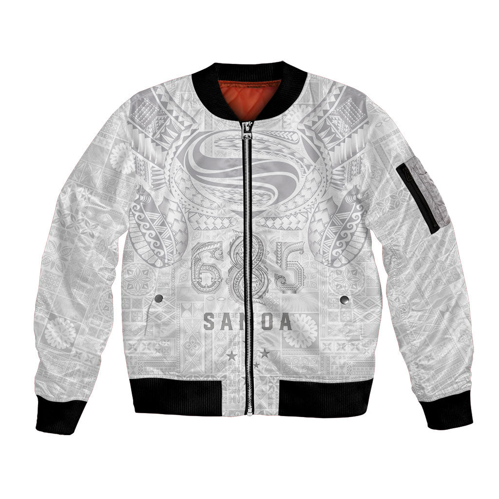 Super Samoa 685 Tribal Tattoo Sleeve Zip Bomber Jacket Siapo Pattern All-White Edition LT03 Unisex White - Polynesian Pride