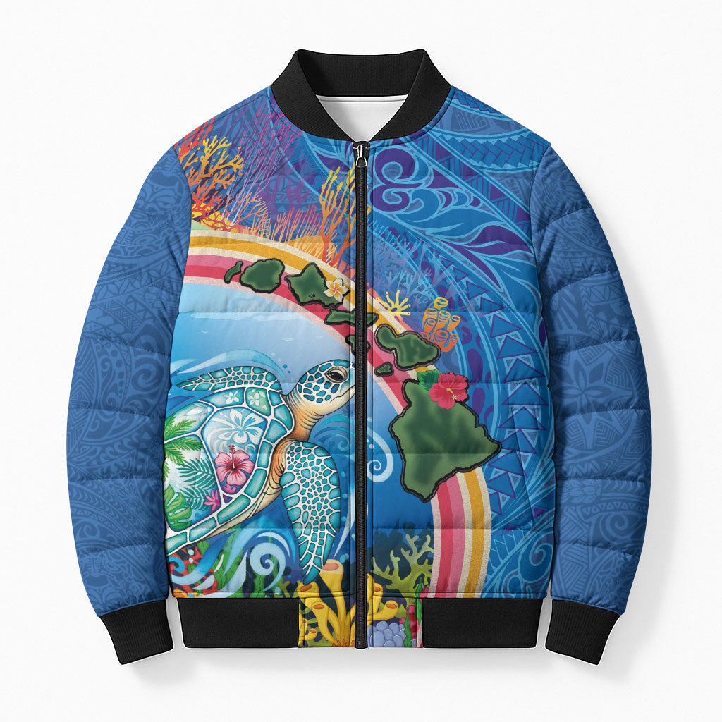 Hawaiian Connecting with the Ocean Bomber Puffer Jacket Polynesian Pattern LT03 Unisex Blue - Polynesian Pride