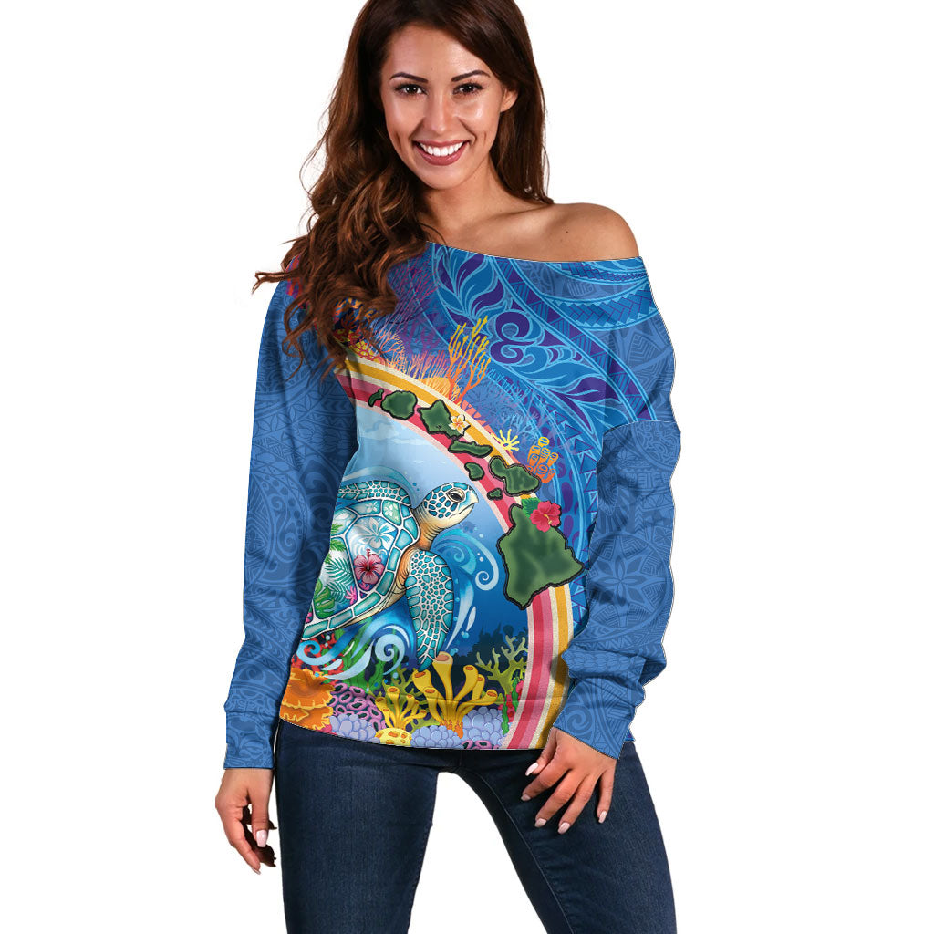 Hawaiian Connecting with the Ocean Off Shoulder Sweater Polynesian Pattern LT03 Women Blue - Polynesian Pride