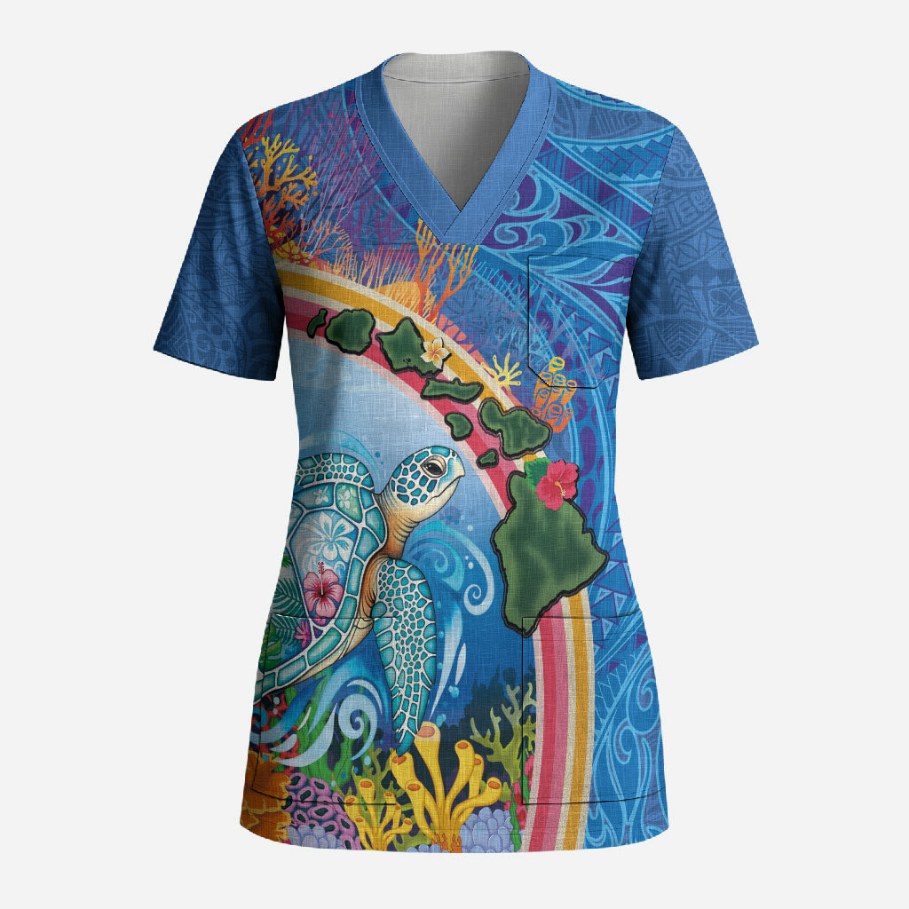 Hawaiian Connecting with the Ocean Scrub Top Polynesian Pattern LT03 Adult Blue - Polynesian Pride