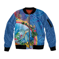Hawaiian Connecting with the Ocean Sleeve Zip Bomber Jacket Polynesian Pattern LT03 Unisex Blue - Polynesian Pride