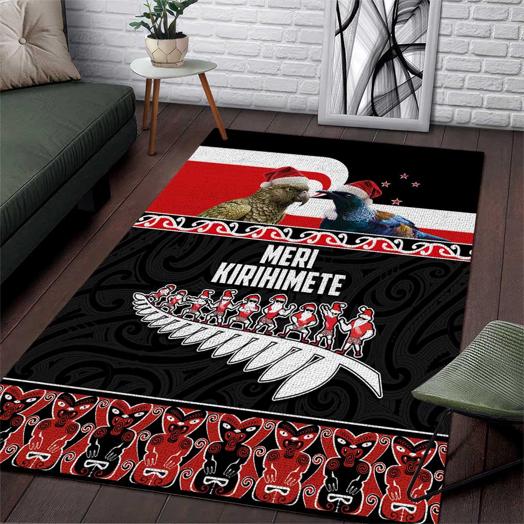 New Zealand Meri Kirihimete Area Rug Christmas Tui Bird and Kea Bird - Haka Santa with Maori Koru Art Pattern LT03 Black - Polynesian Pride
