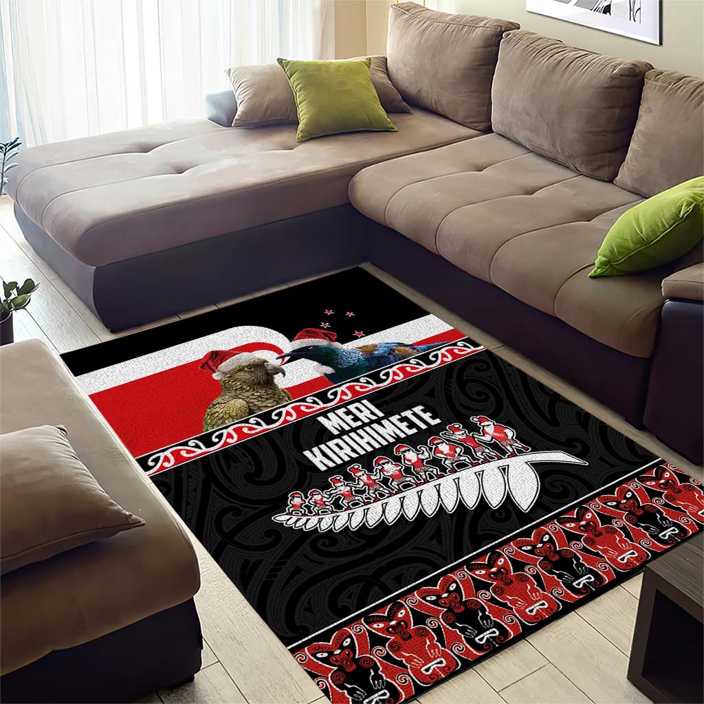 New Zealand Meri Kirihimete Area Rug Christmas Tui Bird and Kea Bird - Haka Santa with Maori Koru Art Pattern LT03 - Polynesian Pride