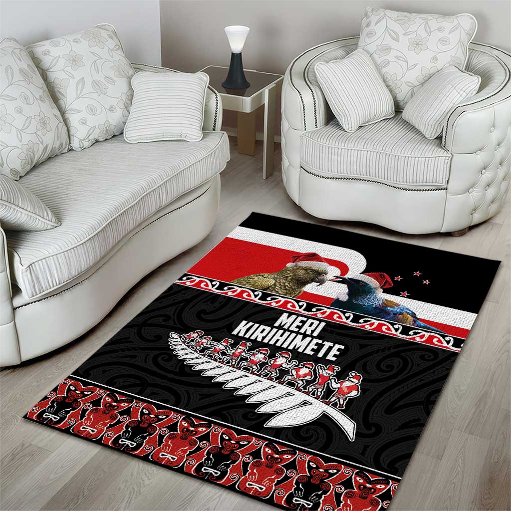New Zealand Meri Kirihimete Area Rug Christmas Tui Bird and Kea Bird - Haka Santa with Maori Koru Art Pattern LT03 - Polynesian Pride