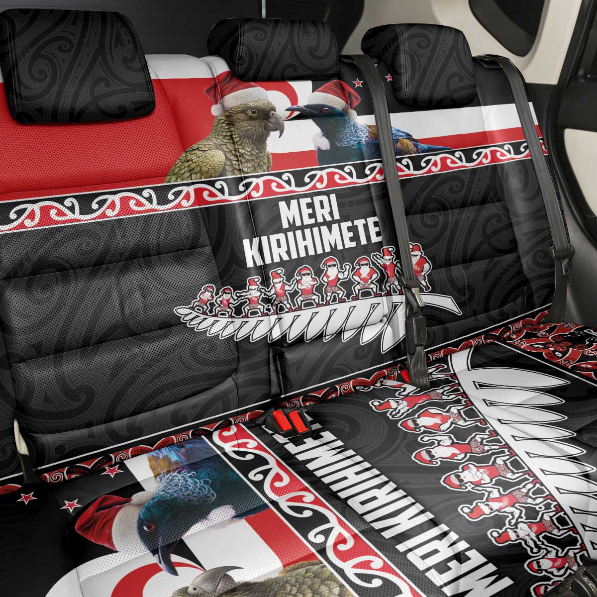 New Zealand Meri Kirihimete Back Car Seat Cover Christmas Tui Bird and Kea Bird - Haka Santa with Maori Koru Art Pattern LT03 - Polynesian Pride