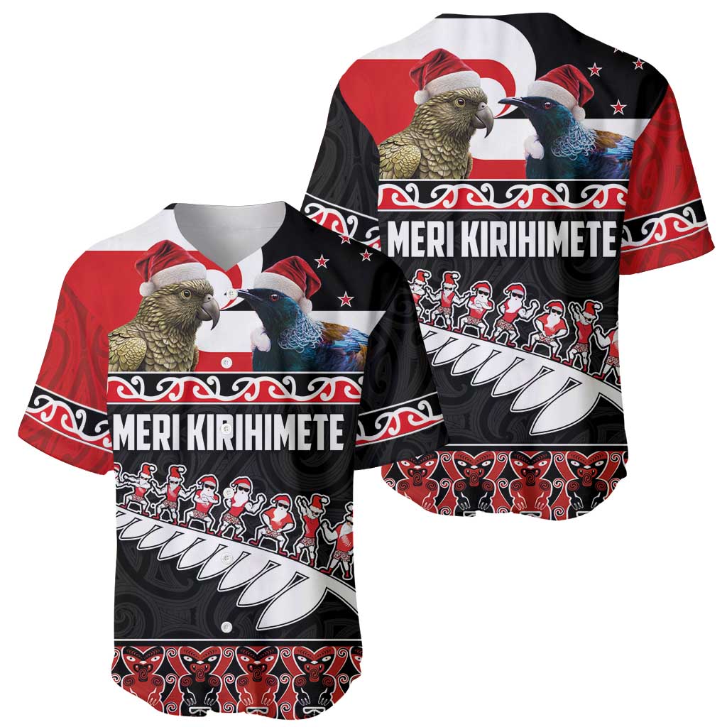 New Zealand Meri Kirihimete Baseball Jersey Christmas Tui Bird and Kea Bird - Haka Santa with Maori Koru Art Pattern LT03 - Polynesian Pride