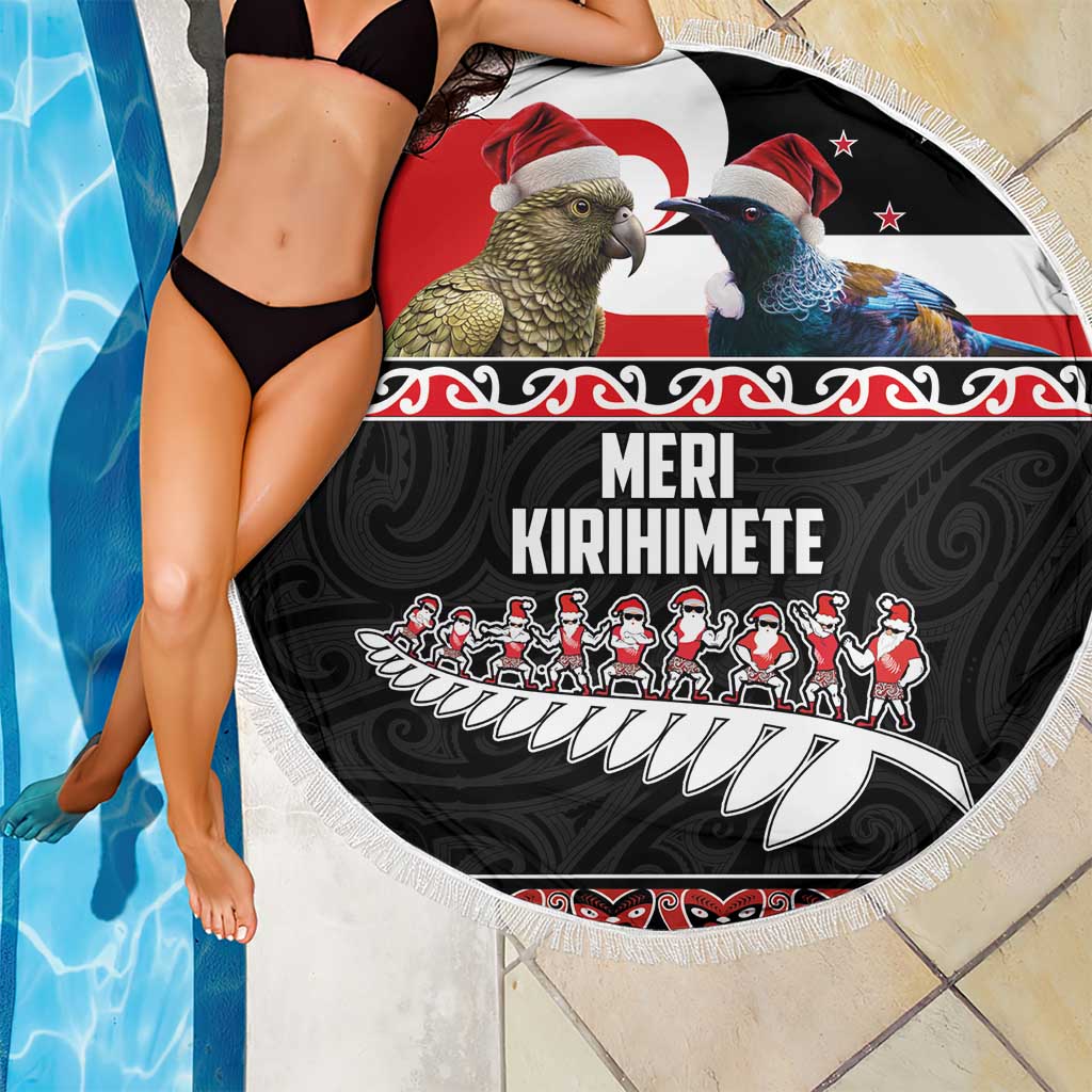 New Zealand Meri Kirihimete Beach Blanket Christmas Tui Bird and Kea Bird - Haka Santa with Maori Koru Art Pattern LT03 - Polynesian Pride