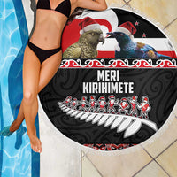 New Zealand Meri Kirihimete Beach Blanket Christmas Tui Bird and Kea Bird - Haka Santa with Maori Koru Art Pattern LT03 - Polynesian Pride
