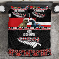 New Zealand Meri Kirihimete Bedding Set Christmas Tui Bird and Kea Bird - Haka Santa with Maori Koru Art Pattern LT03 Black - Polynesian Pride