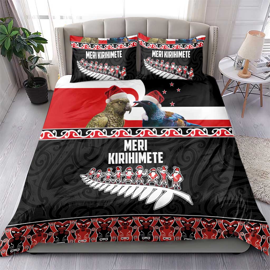 New Zealand Meri Kirihimete Bedding Set Christmas Tui Bird and Kea Bird - Haka Santa with Maori Koru Art Pattern LT03 - Polynesian Pride