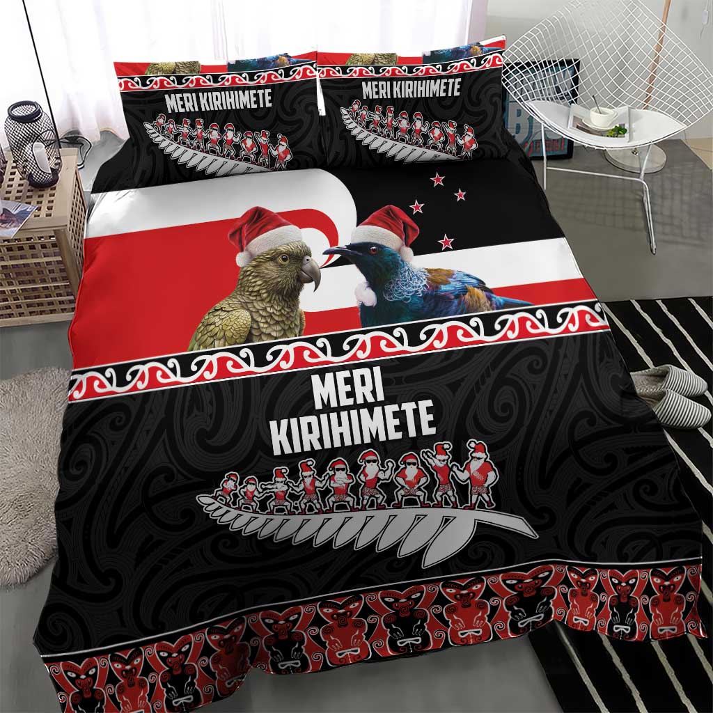 New Zealand Meri Kirihimete Bedding Set Christmas Tui Bird and Kea Bird - Haka Santa with Maori Koru Art Pattern LT03 - Polynesian Pride