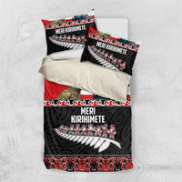 New Zealand Meri Kirihimete Bedding Set Christmas Tui Bird and Kea Bird - Haka Santa with Maori Koru Art Pattern LT03 US Twin 172cm x 218cm Black - Polynesian Pride