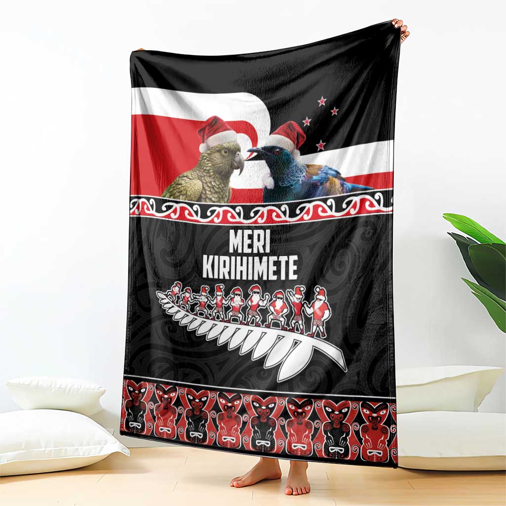 New Zealand Meri Kirihimete Blanket Christmas Tui Bird and Kea Bird - Haka Santa with Maori Koru Art Pattern LT03 - Polynesian Pride