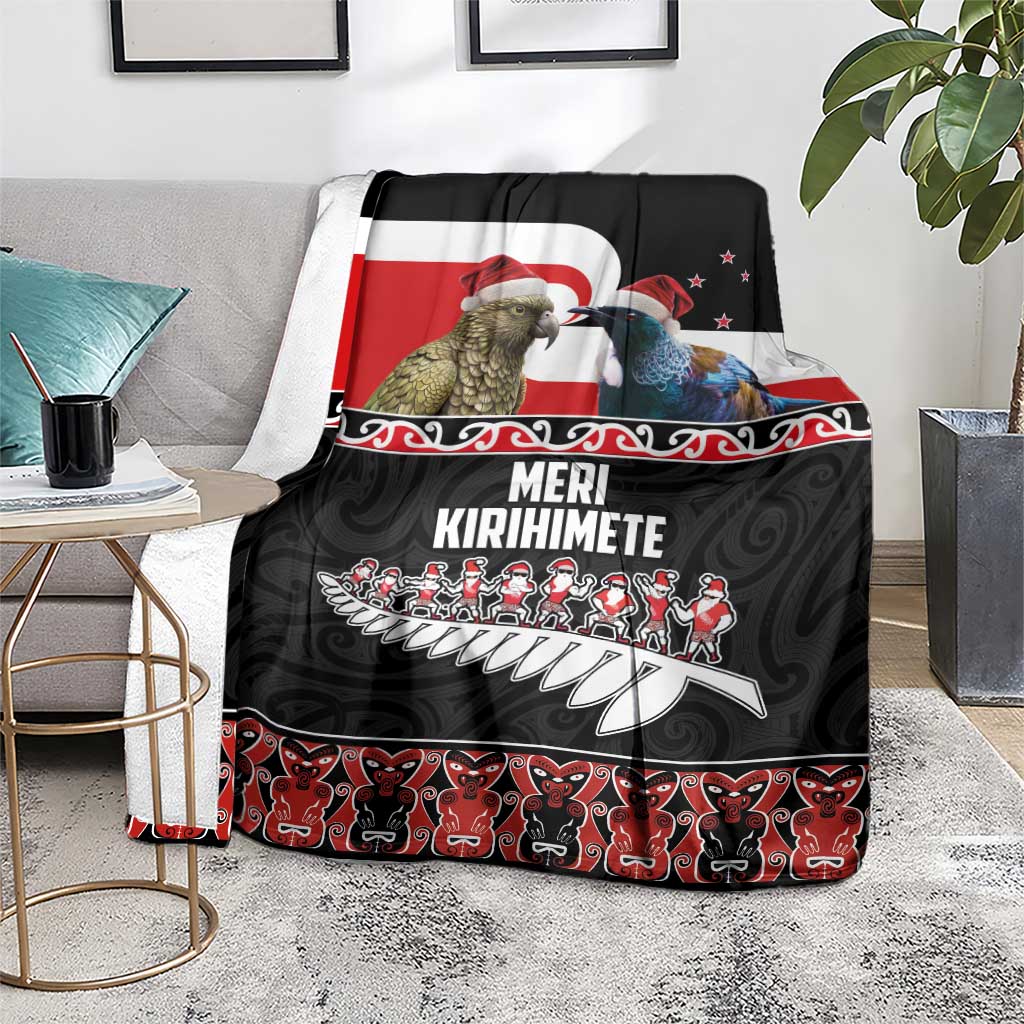 New Zealand Meri Kirihimete Blanket Christmas Tui Bird and Kea Bird - Haka Santa with Maori Koru Art Pattern LT03 - Polynesian Pride