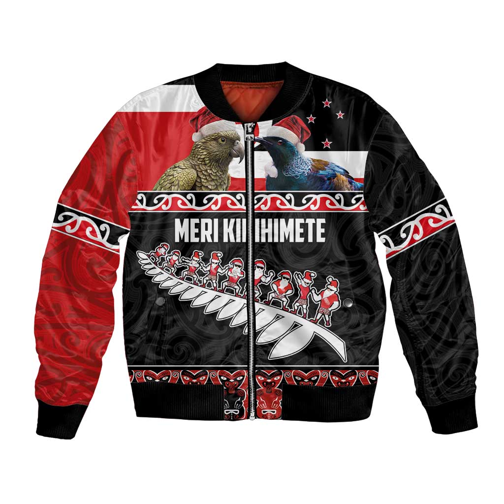 New Zealand Meri Kirihimete Bomber Jacket Christmas Tui Bird and Kea Bird - Haka Santa with Maori Koru Art Pattern LT03 Unisex Black - Polynesian Pride