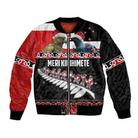 New Zealand Meri Kirihimete Bomber Jacket Christmas Tui Bird and Kea Bird - Haka Santa with Maori Koru Art Pattern LT03 Unisex Black - Polynesian Pride