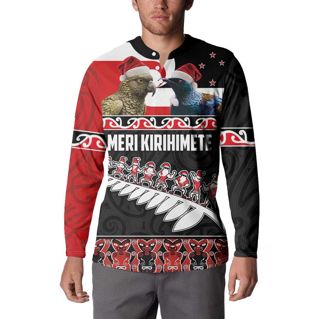 New Zealand Meri Kirihimete Button Sweatshirt Christmas Tui Bird and Kea Bird - Haka Santa with Maori Koru Art Pattern LT03 - Polynesian Pride