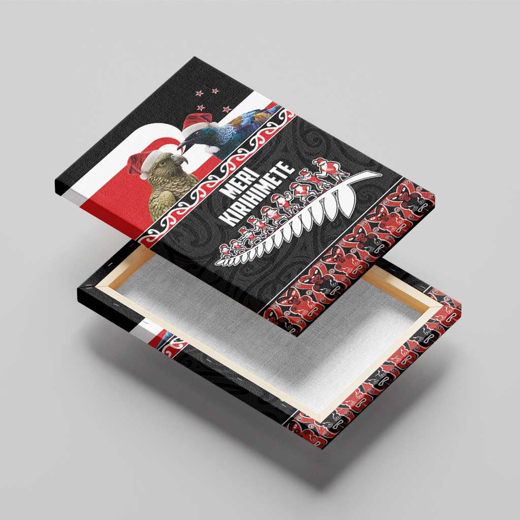 New Zealand Meri Kirihimete Canvas Wall Art Christmas Tui Bird and Kea Bird - Haka Santa with Maori Koru Art Pattern LT03 - Polynesian Pride