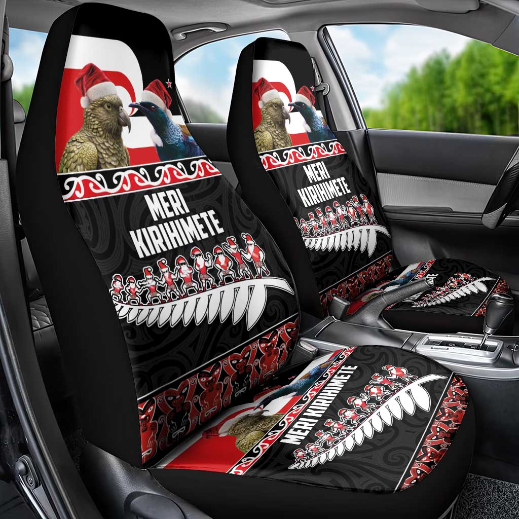 New Zealand Meri Kirihimete Car Seat Cover Christmas Tui Bird and Kea Bird - Haka Santa with Maori Koru Art Pattern LT03 - Polynesian Pride
