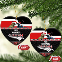 New Zealand Meri Kirihimete Ceramic Ornament Christmas Tui Bird and Kea Bird - Haka Santa with Maori Koru Art Pattern