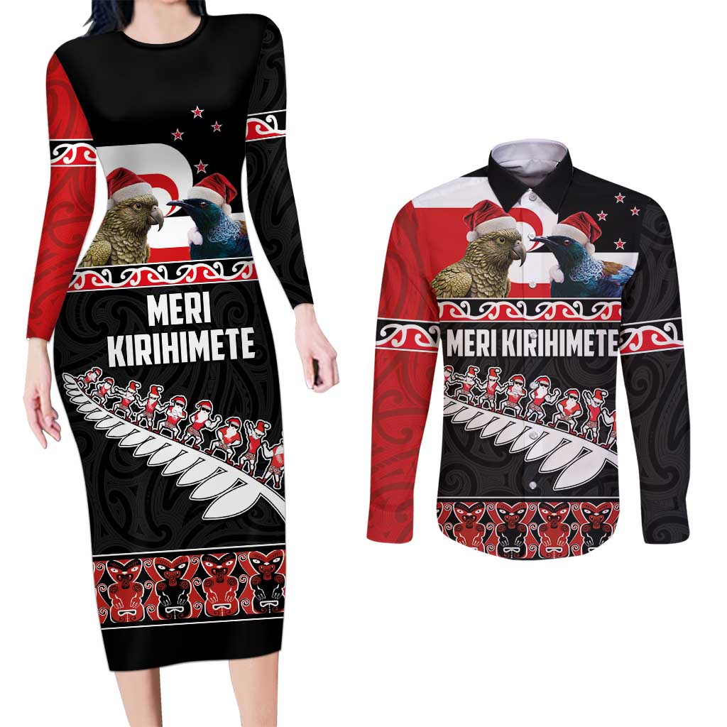 New Zealand Meri Kirihimete Couples Matching Long Sleeve Bodycon Dress and Long Sleeve Button Shirt Christmas Tui Bird and Kea Bird - Haka Santa with Maori Koru Art Pattern LT03 Black - Polynesian Pride