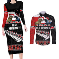 New Zealand Meri Kirihimete Couples Matching Long Sleeve Bodycon Dress and Long Sleeve Button Shirt Christmas Tui Bird and Kea Bird - Haka Santa with Maori Koru Art Pattern LT03 Black - Polynesian Pride