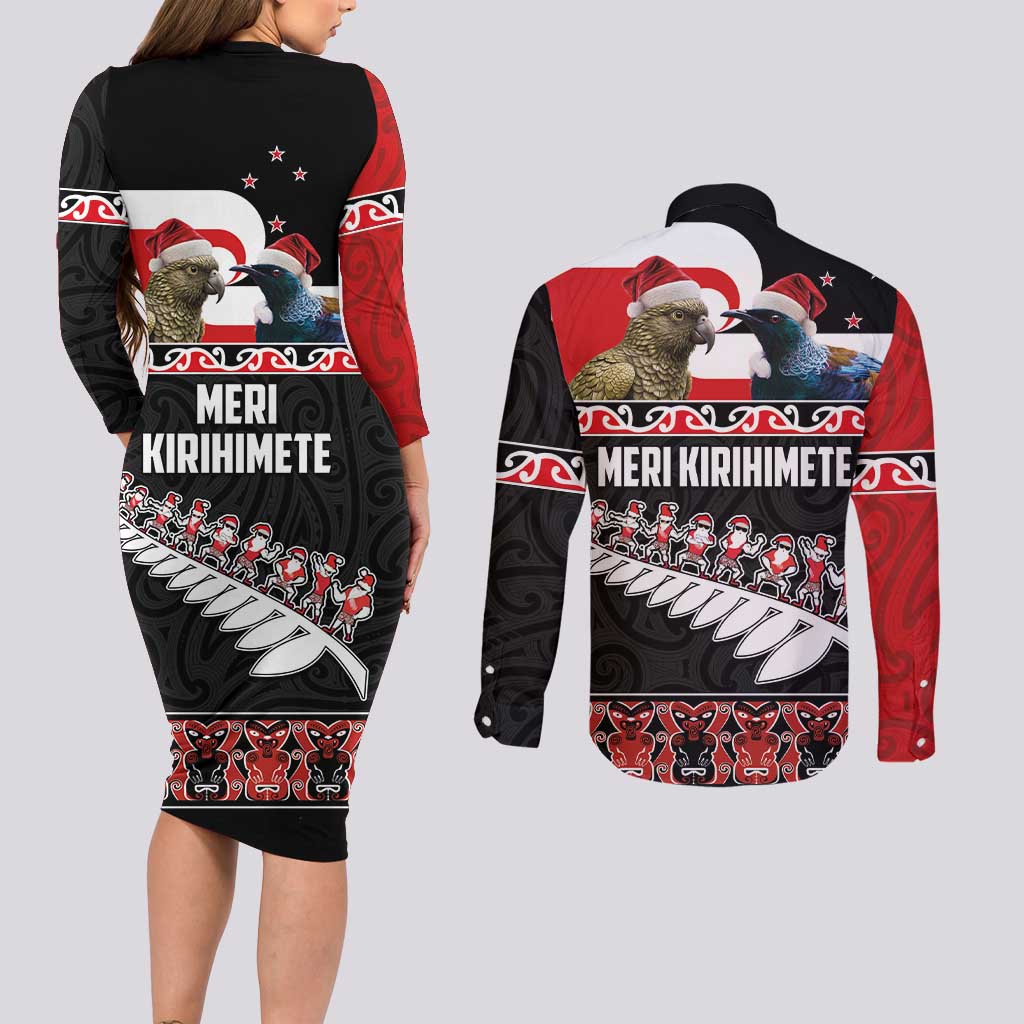 New Zealand Meri Kirihimete Couples Matching Long Sleeve Bodycon Dress and Long Sleeve Button Shirt Christmas Tui Bird and Kea Bird - Haka Santa with Maori Koru Art Pattern LT03 - Polynesian Pride