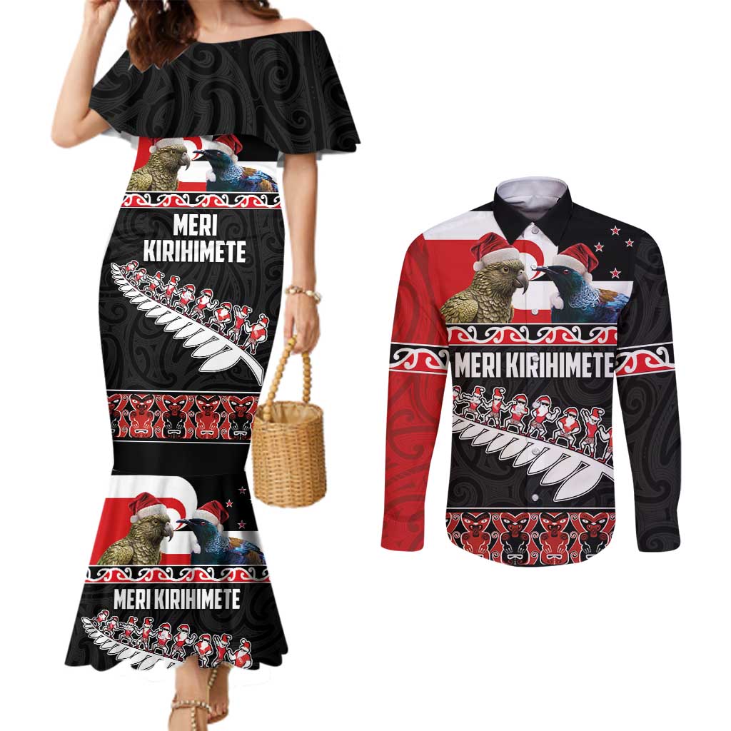 New Zealand Meri Kirihimete Couples Matching Mermaid Dress and Long Sleeve Button Shirt Christmas Tui Bird and Kea Bird - Haka Santa with Maori Koru Art Pattern LT03 Black - Polynesian Pride