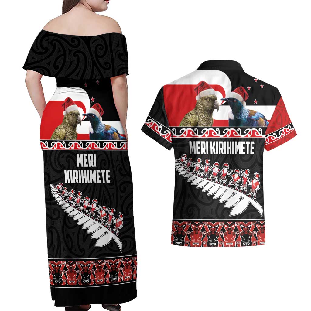 New Zealand Meri Kirihimete Couples Matching Off Shoulder Maxi Dress and Hawaiian Shirt Christmas Tui Bird and Kea Bird - Haka Santa with Maori Koru Art Pattern LT03 - Polynesian Pride