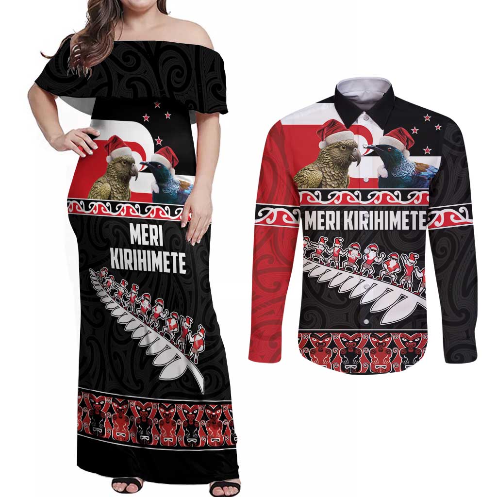 New Zealand Meri Kirihimete Couples Matching Off Shoulder Maxi Dress and Long Sleeve Button Shirt Christmas Tui Bird and Kea Bird - Haka Santa with Maori Koru Art Pattern LT03 Black - Polynesian Pride