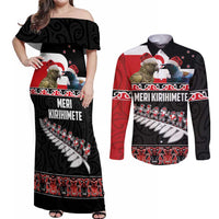 New Zealand Meri Kirihimete Couples Matching Off Shoulder Maxi Dress and Long Sleeve Button Shirt Christmas Tui Bird and Kea Bird - Haka Santa with Maori Koru Art Pattern LT03 Black - Polynesian Pride
