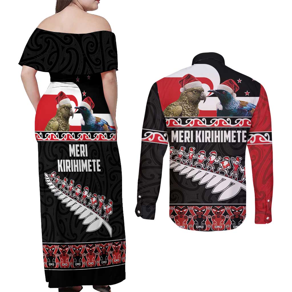 New Zealand Meri Kirihimete Couples Matching Off Shoulder Maxi Dress and Long Sleeve Button Shirt Christmas Tui Bird and Kea Bird - Haka Santa with Maori Koru Art Pattern LT03 - Polynesian Pride