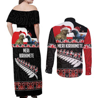 New Zealand Meri Kirihimete Couples Matching Off Shoulder Maxi Dress and Long Sleeve Button Shirt Christmas Tui Bird and Kea Bird - Haka Santa with Maori Koru Art Pattern LT03 - Polynesian Pride