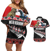 New Zealand Meri Kirihimete Couples Matching Off Shoulder Short Dress and Hawaiian Shirt Christmas Tui Bird and Kea Bird - Haka Santa with Maori Koru Art Pattern LT03 Black - Polynesian Pride