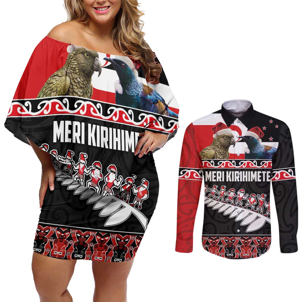 New Zealand Meri Kirihimete Couples Matching Off Shoulder Short Dress and Long Sleeve Button Shirt Christmas Tui Bird and Kea Bird - Haka Santa with Maori Koru Art Pattern LT03 Black - Polynesian Pride