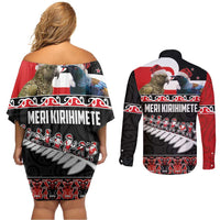 New Zealand Meri Kirihimete Couples Matching Off Shoulder Short Dress and Long Sleeve Button Shirt Christmas Tui Bird and Kea Bird - Haka Santa with Maori Koru Art Pattern LT03 - Polynesian Pride