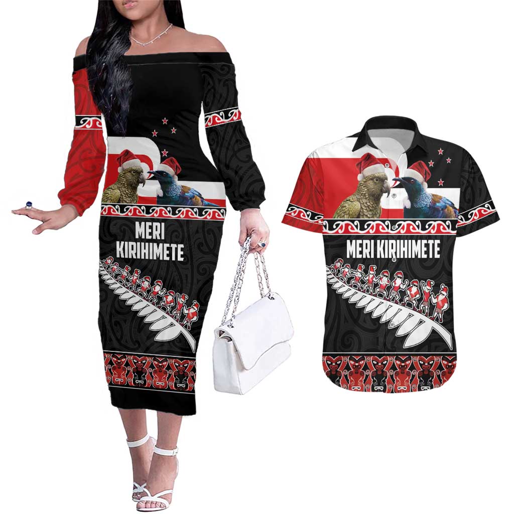 New Zealand Meri Kirihimete Couples Matching Off The Shoulder Long Sleeve Dress and Hawaiian Shirt Christmas Tui Bird and Kea Bird - Haka Santa with Maori Koru Art Pattern LT03 Black - Polynesian Pride