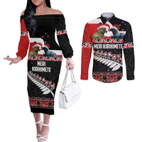 New Zealand Meri Kirihimete Couples Matching Off The Shoulder Long Sleeve Dress and Long Sleeve Button Shirt Christmas Tui Bird and Kea Bird - Haka Santa with Maori Koru Art Pattern LT03 Black - Polynesian Pride