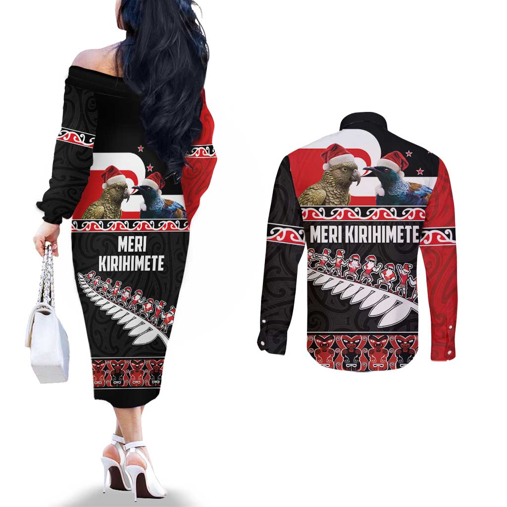 New Zealand Meri Kirihimete Couples Matching Off The Shoulder Long Sleeve Dress and Long Sleeve Button Shirt Christmas Tui Bird and Kea Bird - Haka Santa with Maori Koru Art Pattern LT03 - Polynesian Pride