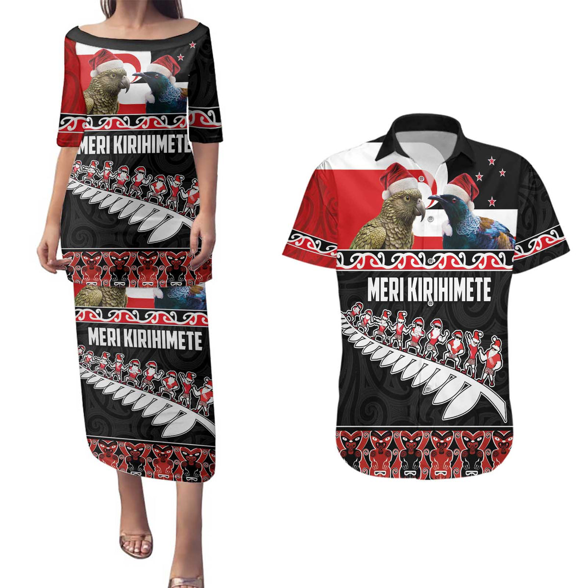 New Zealand Meri Kirihimete Couples Matching Puletasi and Hawaiian Shirt Christmas Tui Bird and Kea Bird - Haka Santa with Maori Koru Art Pattern LT03 Black - Polynesian Pride