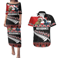 New Zealand Meri Kirihimete Couples Matching Puletasi and Hawaiian Shirt Christmas Tui Bird and Kea Bird - Haka Santa with Maori Koru Art Pattern LT03 Black - Polynesian Pride