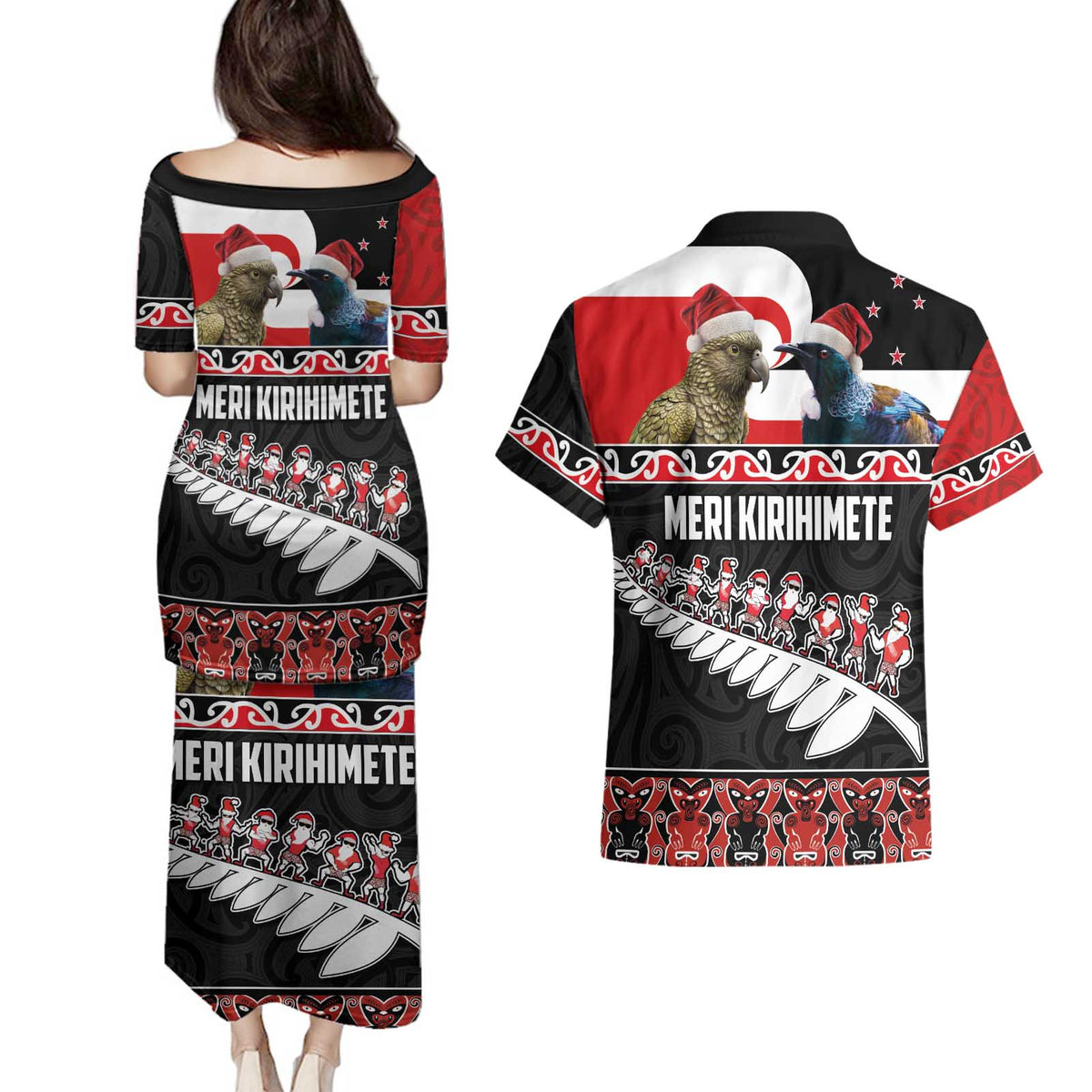 New Zealand Meri Kirihimete Couples Matching Puletasi and Hawaiian Shirt Christmas Tui Bird and Kea Bird - Haka Santa with Maori Koru Art Pattern LT03 - Polynesian Pride