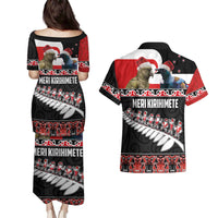 New Zealand Meri Kirihimete Couples Matching Puletasi and Hawaiian Shirt Christmas Tui Bird and Kea Bird - Haka Santa with Maori Koru Art Pattern LT03 - Polynesian Pride
