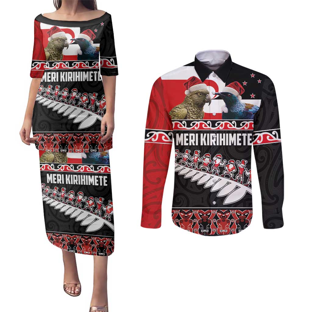 New Zealand Meri Kirihimete Couples Matching Puletasi and Long Sleeve Button Shirt Christmas Tui Bird and Kea Bird - Haka Santa with Maori Koru Art Pattern LT03 Black - Polynesian Pride