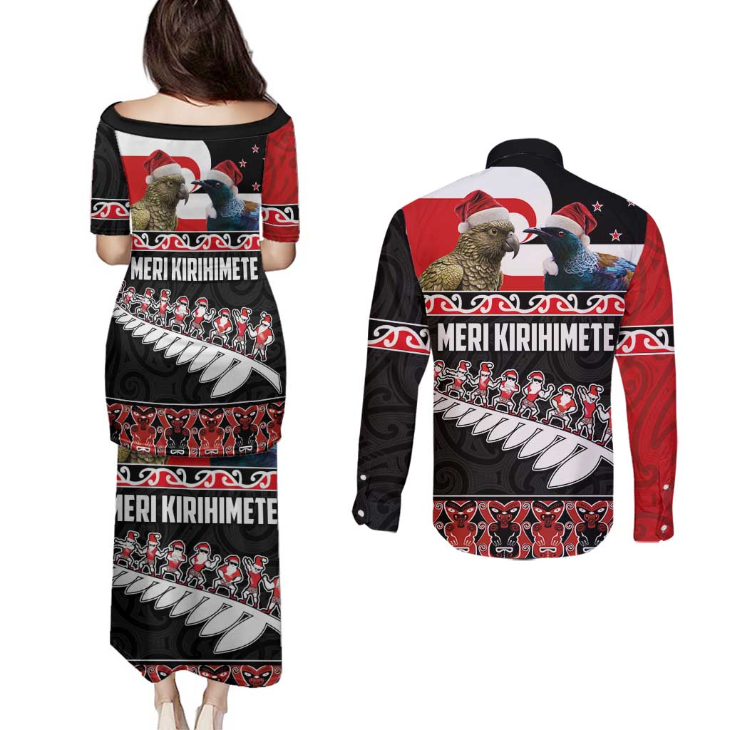 New Zealand Meri Kirihimete Couples Matching Puletasi and Long Sleeve Button Shirt Christmas Tui Bird and Kea Bird - Haka Santa with Maori Koru Art Pattern LT03 - Polynesian Pride