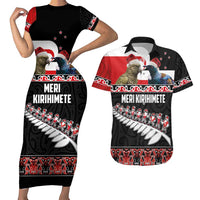 New Zealand Meri Kirihimete Couples Matching Short Sleeve Bodycon Dress and Hawaiian Shirt Christmas Tui Bird and Kea Bird - Haka Santa with Maori Koru Art Pattern LT03 Black - Polynesian Pride