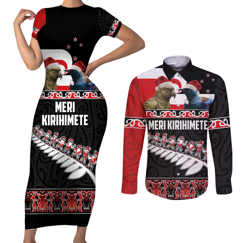 New Zealand Meri Kirihimete Couples Matching Short Sleeve Bodycon Dress and Long Sleeve Button Shirt Christmas Tui Bird and Kea Bird - Haka Santa with Maori Koru Art Pattern LT03 Black - Polynesian Pride