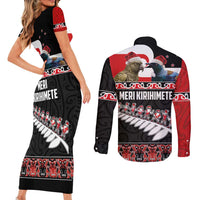 New Zealand Meri Kirihimete Couples Matching Short Sleeve Bodycon Dress and Long Sleeve Button Shirt Christmas Tui Bird and Kea Bird - Haka Santa with Maori Koru Art Pattern LT03 - Polynesian Pride